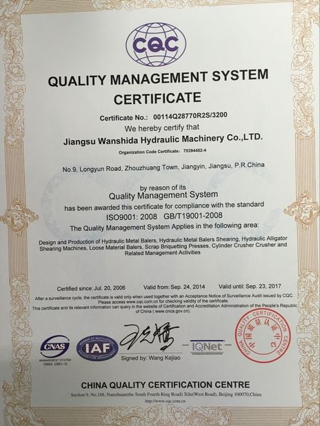 Chiny Jiangsu Wanshida Hydraulic Machinery Co., Ltd Certyfikaty